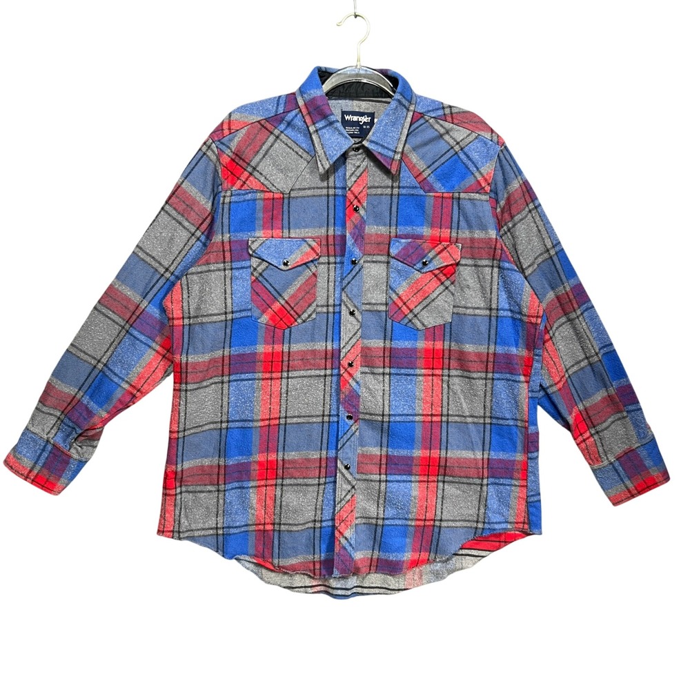 VTG 90s Wrangler Flannel Pearl Snap Shirt Mens 18-35 XL Blue Red Plaid Western